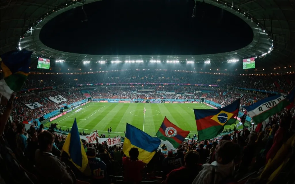 决赛球场内看台视角，人群挥舞旗帜，灯光与草坪形成强烈对比